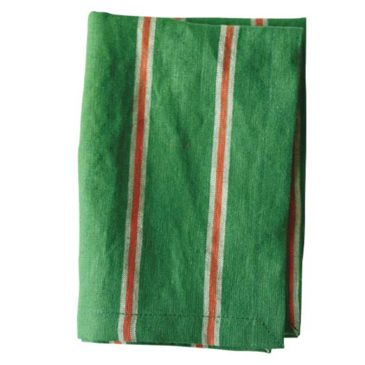 Green napkin with red and white stripes on a white background