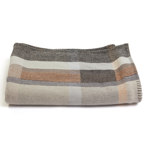 Wallace Sewell Premium CChipperfield  Merino lambswool throw in pale brown tones, folded.