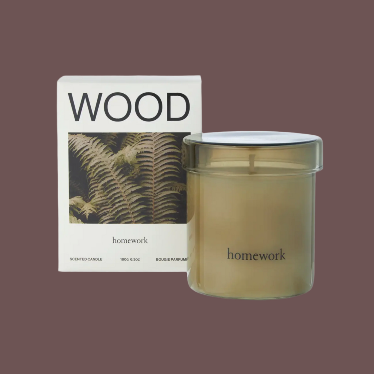 Homework UK hand poured scented candle - Wood, with packaging