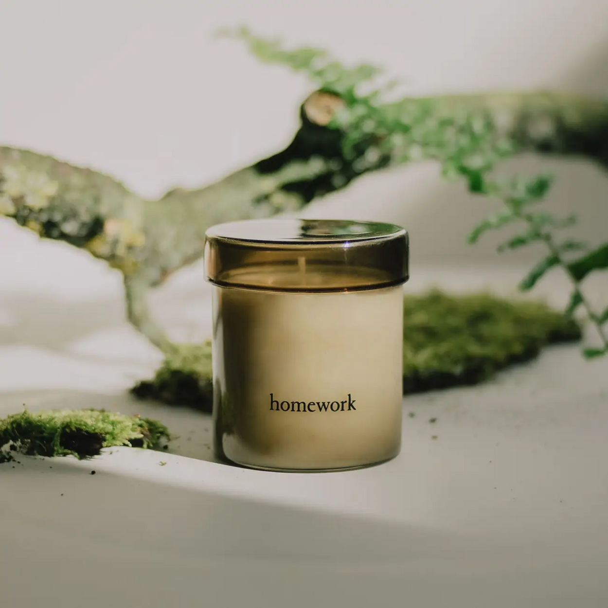 Homework UK hand poured scented candle - Wood with lichen covered branch.