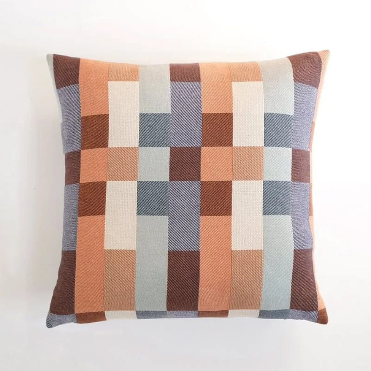 Mungo Wild Fire Checkered double cotton pillow with brown, beige, and blue pattern on a white background