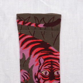 Close up of Bonne Maison Tiger socks against a white backdrop.