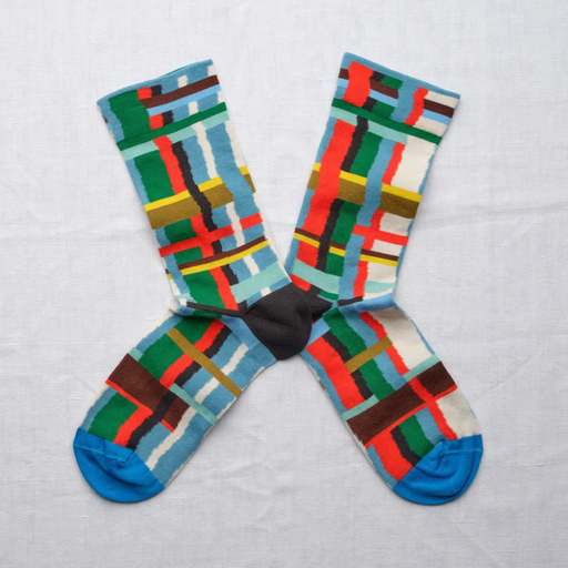 Bonne Maison Blue Grid socks on white backdrop.