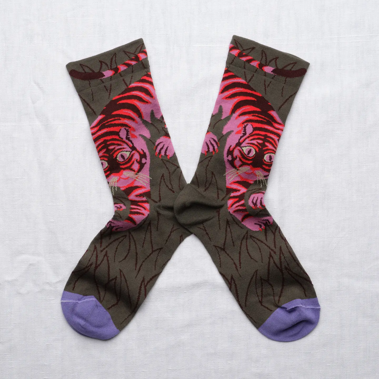 Bonne Maison Tiger socks against a white backdrop.