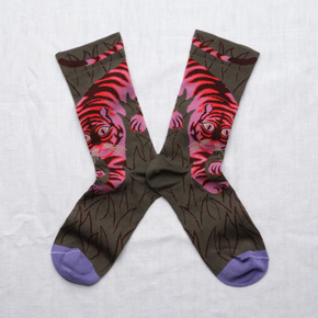 Bonne Maison Tiger socks against a white backdrop.