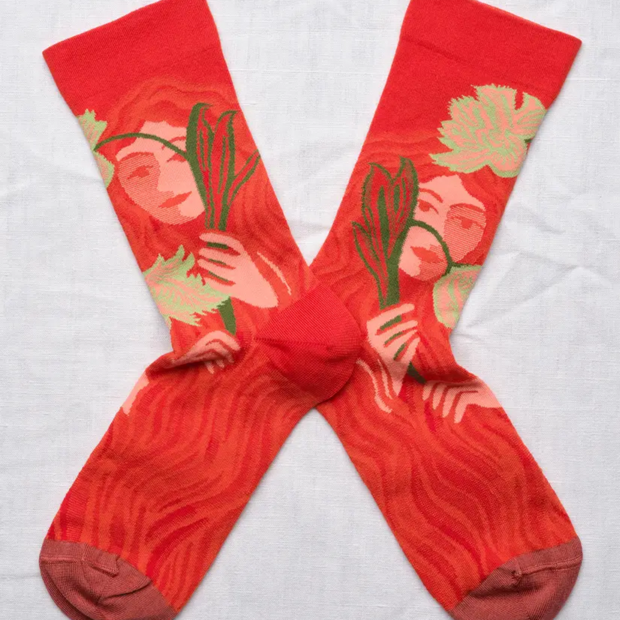 Bonne Maison Red Visage socks with white backdrop