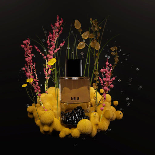 FISCHERSUND NO.8 PERFUME IN HAND CRAFTED BOTTLE WITH YELLOW FUNGUS.