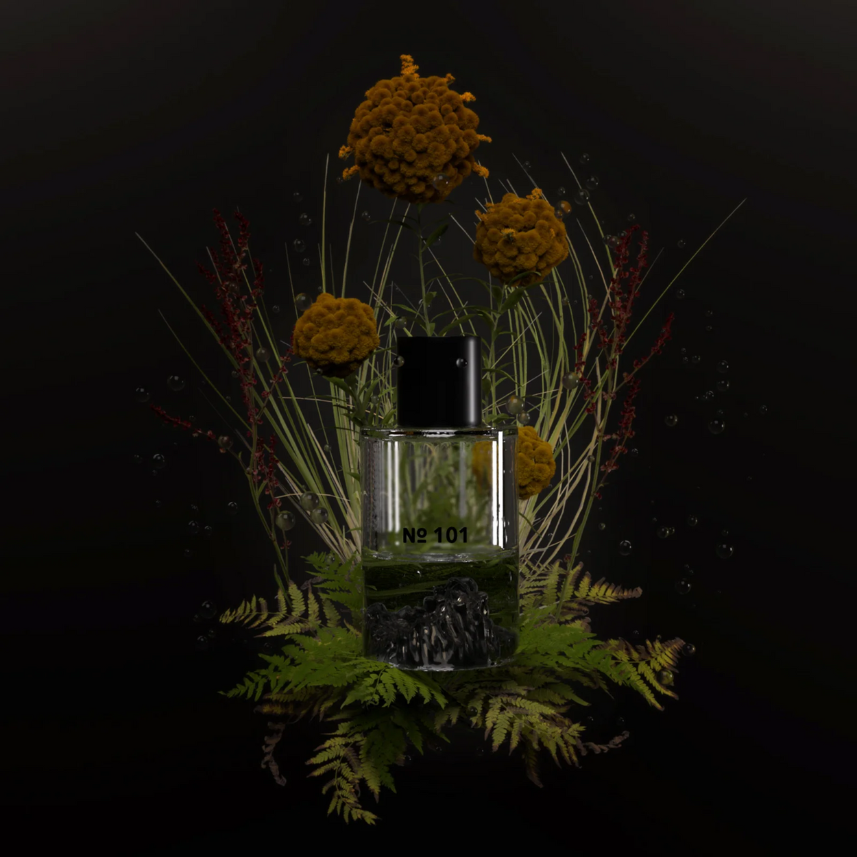 Fischersund EDP No. 101 bottle with flowers and leaves on a black background