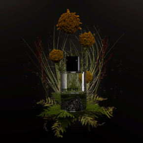 Fischersund EDP No. 101 bottle with flowers and leaves on a black background
