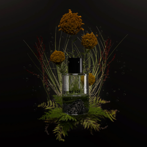 Fischersund EDP No. 101 bottle with flowers and leaves on a black background