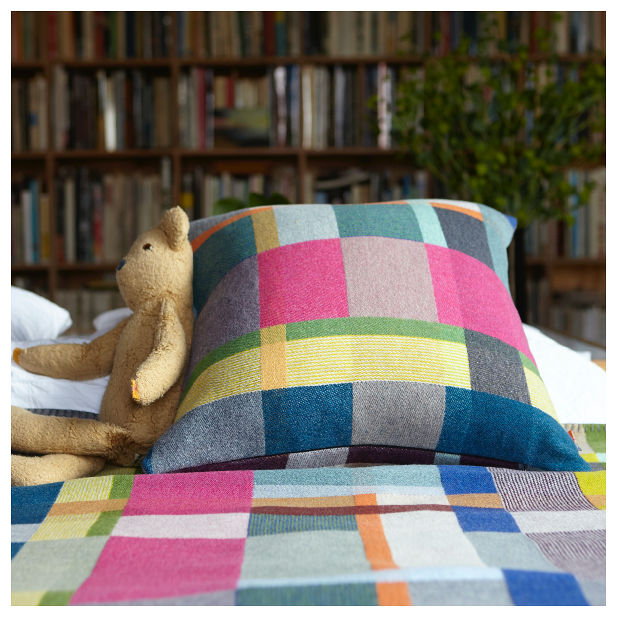 Premium Australian Merino Wool Cushion cover - Gwynne with Block blanket, Gwynne on bed with teddy bear.