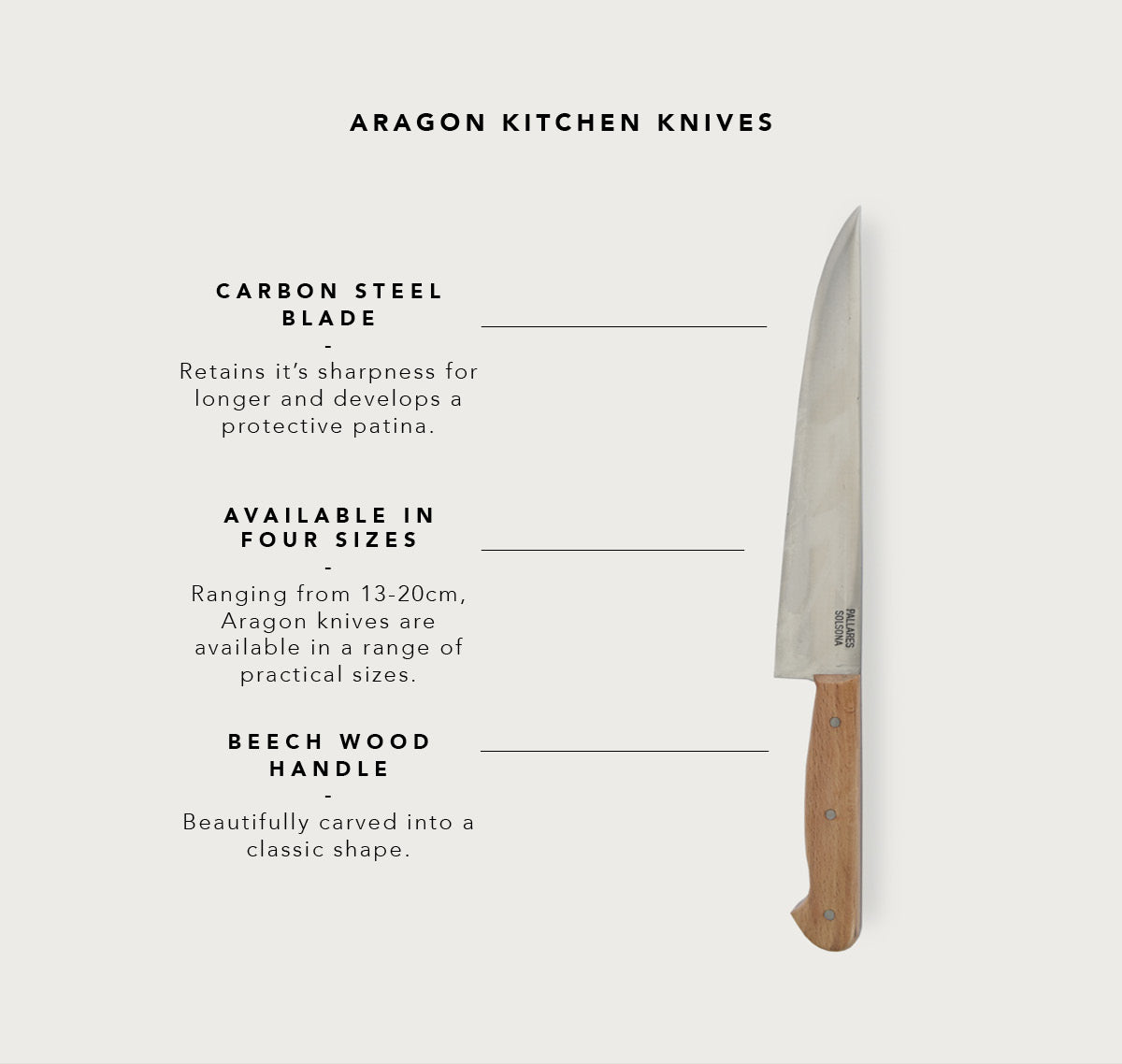 Pallares Solsona 17cm Aragon Carbon Steel Beech Wood Kitchen Knife features