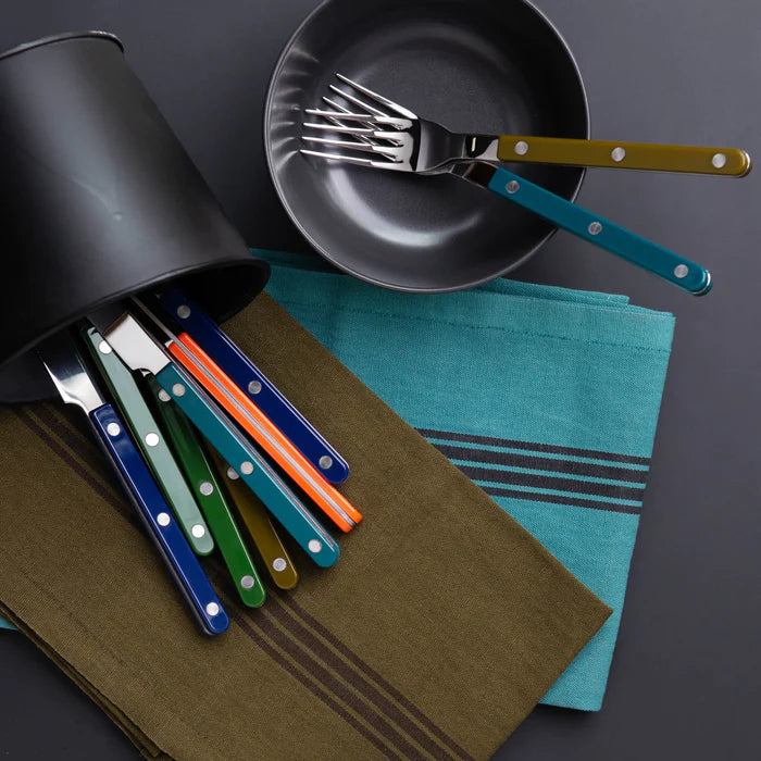 Mixed colour Sabre Paris Bistrot Cutlery 4 Piece Sets on khaki and aqua napkins