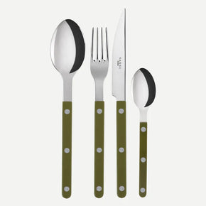 Sabre Paris Bistrot in Fern Green cutlery with white background.