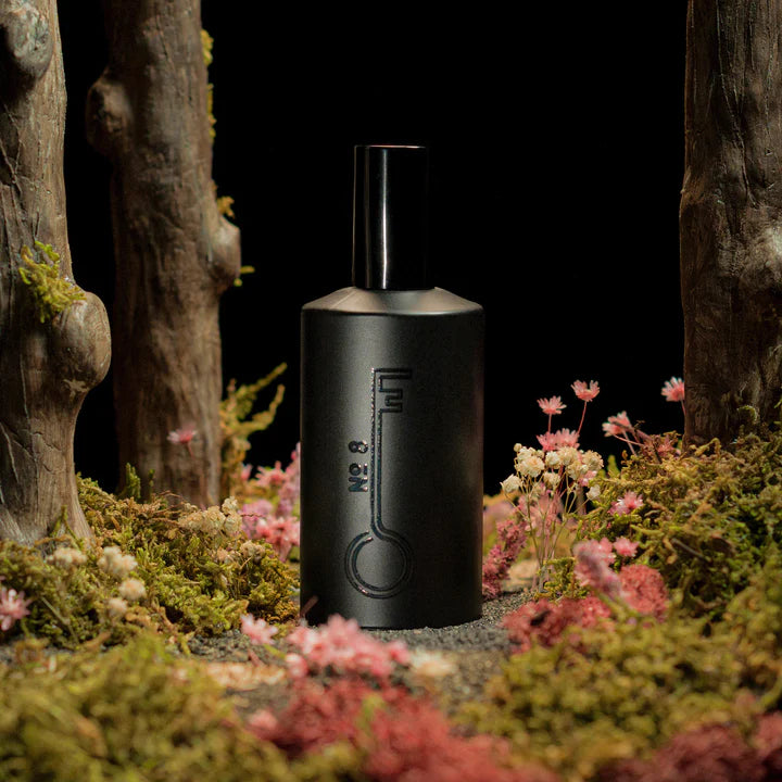 Fischersund No. 8 Fragrance bottle with white background in forest floor scene