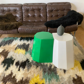 Handmade Large Pure Wool Rug - Green with leather couch and Arnold Circus Stools