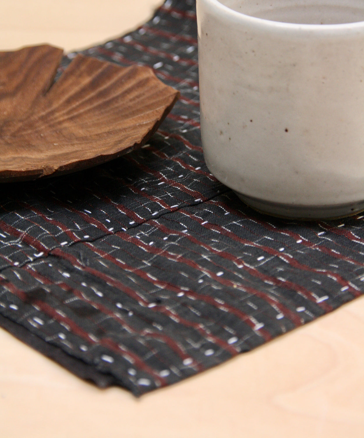 Vintage Japanese Indigo Placemat with handmade ceramic cup and wood plate.