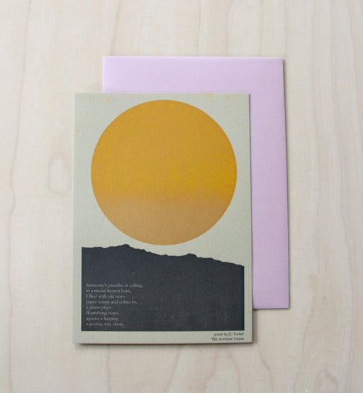 Hand printed greeting card with yellow sun and poetry note with pink envelope