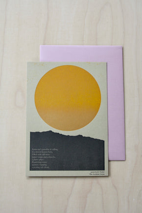 Hand printed greeting card with yellow sun and poetry note