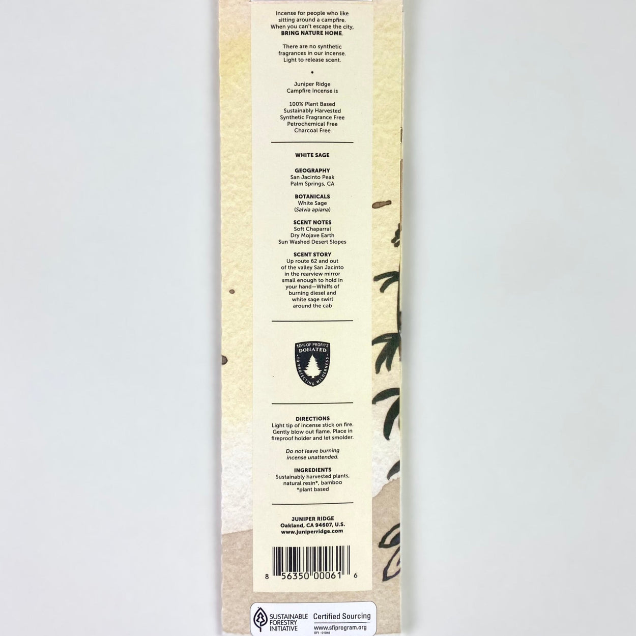 Juniper Ridge Campfire Incense - White Sage, back of packet