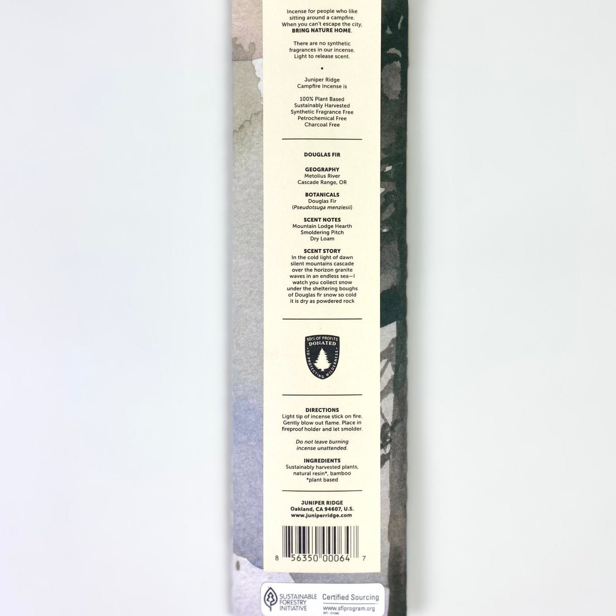 Juniper Ridge Campfire Incense - Douglas Fir, back packet.