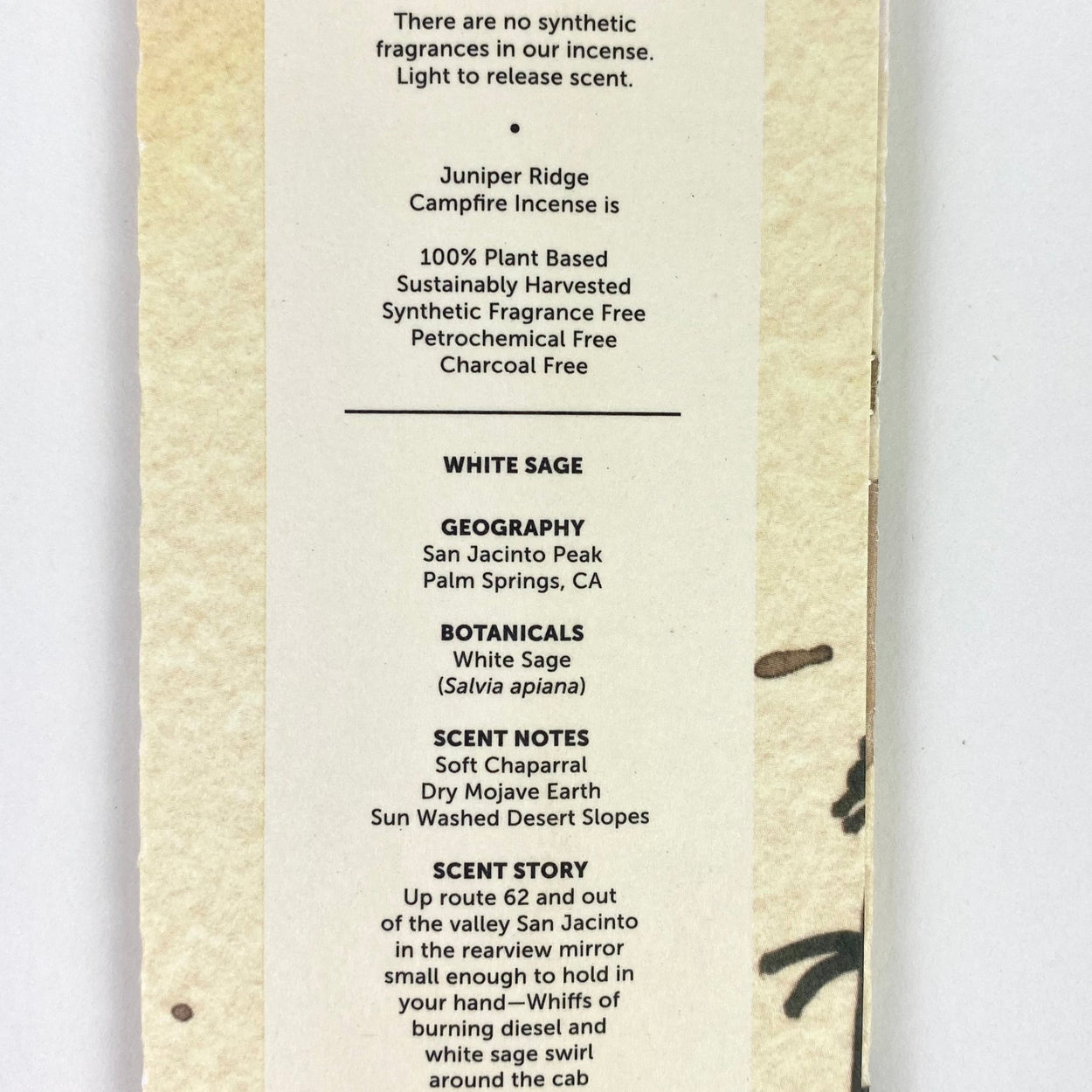 Juniper Ridge Campfire Incense - White Sage back of packet close up.