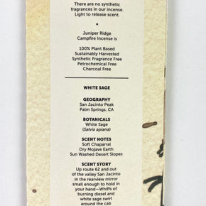 Juniper Ridge Campfire Incense - White Sage back of packet close up.