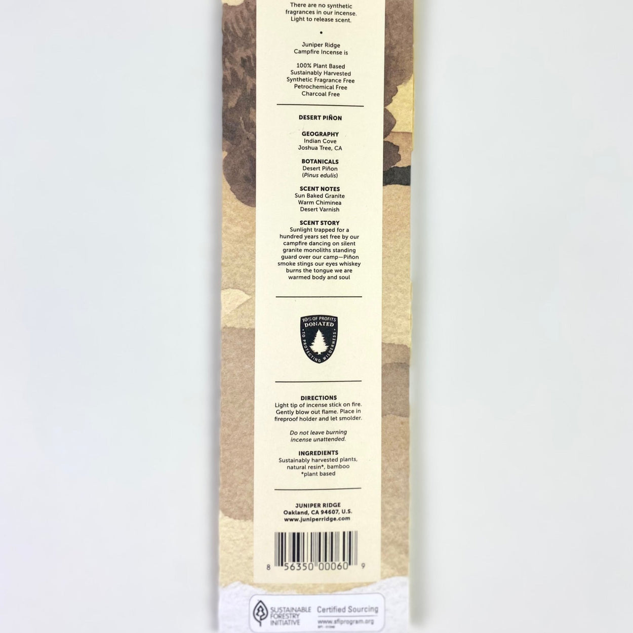 Juniper Ridge Campfire Incense - Desert Pinon, back packet.