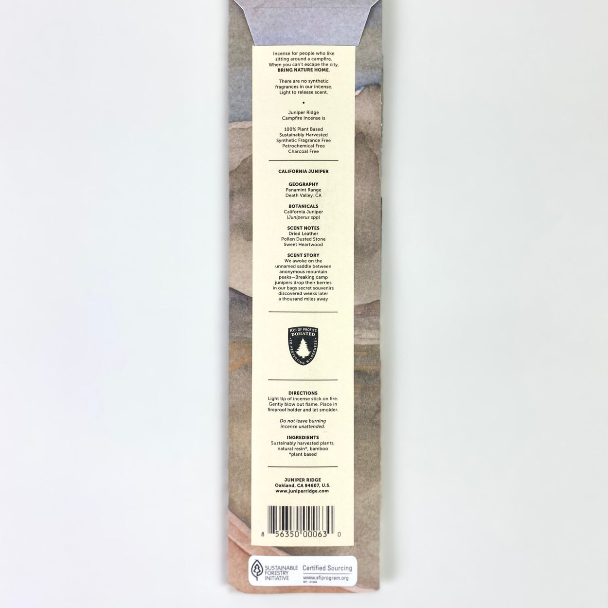 Back of Juniper Ridge Campfire Incense - California Juniper against a white background.