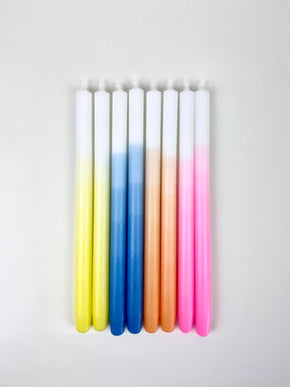 Yellow, Blue, Orange Pink Ombre Candles Pair on white background