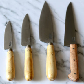 Pallares Solsona 17cm Aragon Carbon Steel Beech Wood Kitchen Knives beside box wood knives