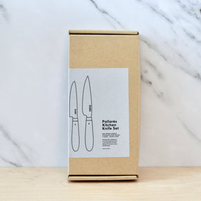 Stainless Steel Kitchen Knife Set in gift box against marble backdrop