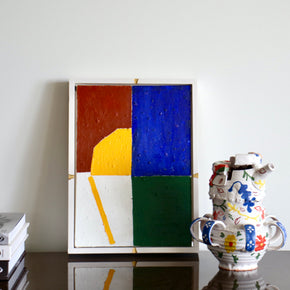 Handmade Ceramic Pentref Jug by Elin Hughes next to bold abstract painting