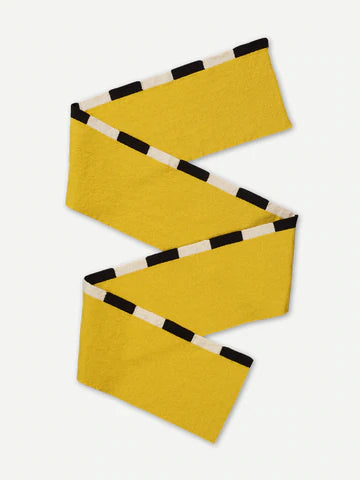 Yellow Striped Edge Lambswool Scarf by Jo Gordon lying in zigzag shape
