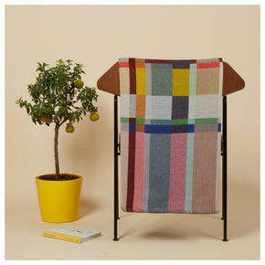 Premium Merino Lambswool Throw Blanket - Lloyd in pink and blue on chair with tree