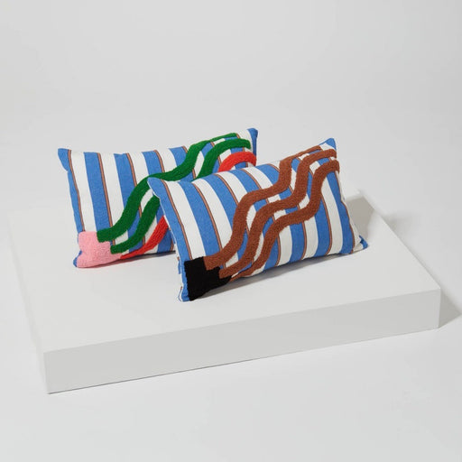 Blue Striped embroidered cushions with brown and green squiggles