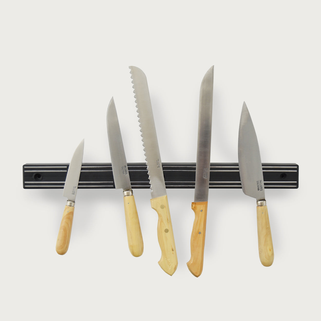 Pallares Solsona  Box Wood Carbon Steel Kitchen Knives on magnetic rack