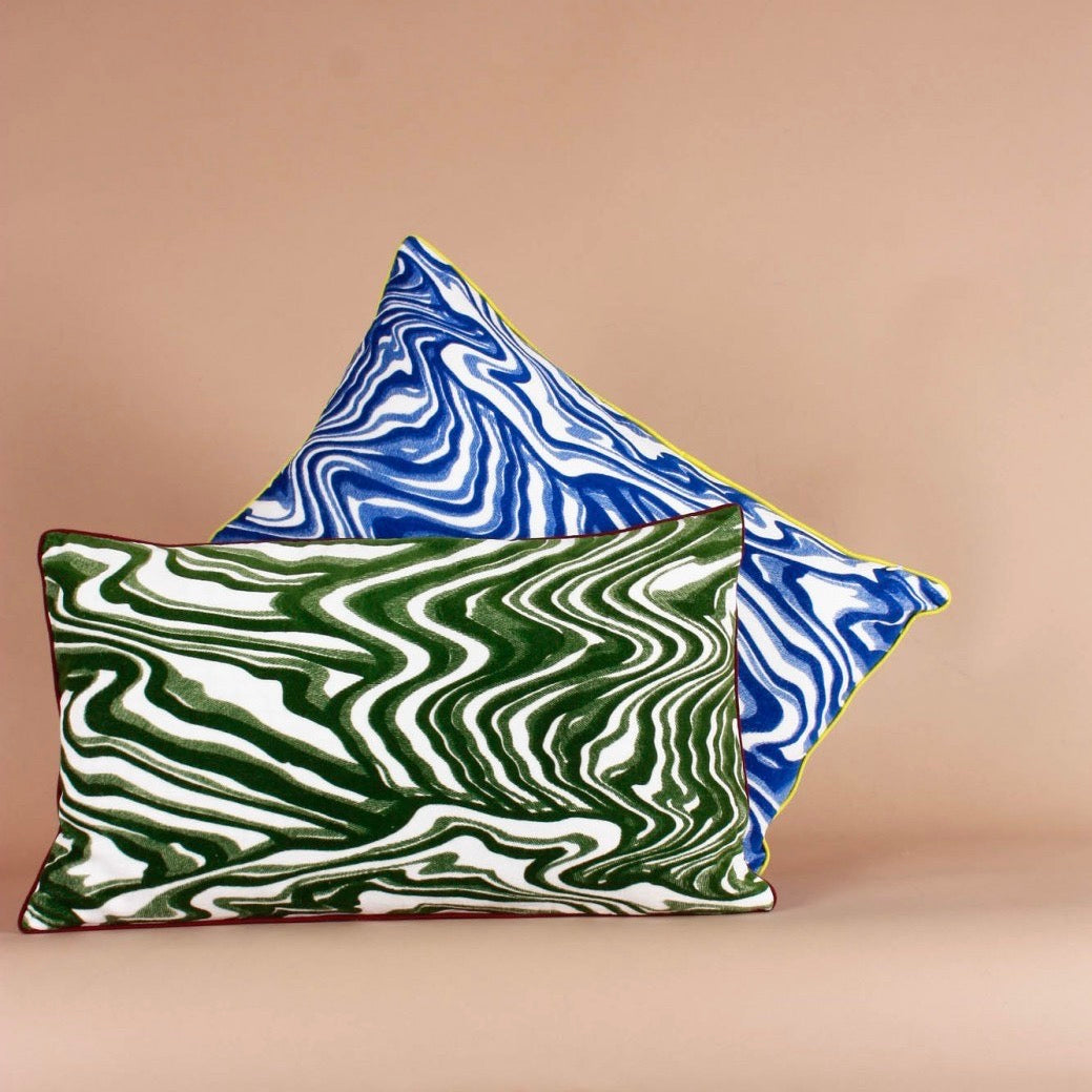 Marbled French Velvet Cushion Cover in blue and green