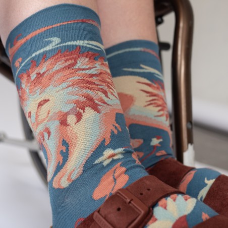 Woman wearing Bonne Maison Lion Socks close up with suede sandals