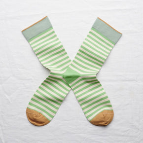 Bonne Maison Lichen Green Stripe Socks lying flat with white background
