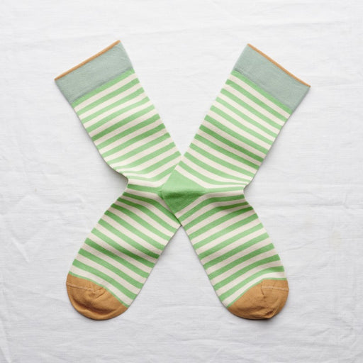 Bonne Maison Lichen Green Stripe Socks lying flat with white background