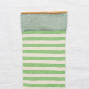 Bonne Maison Lichen Green Stripe Socks lying flat with white background close up