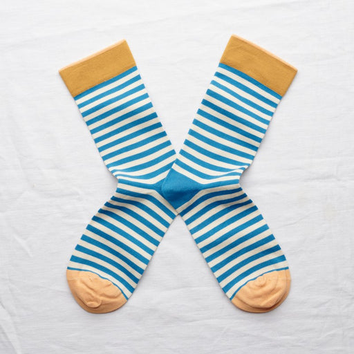 Bonne Maison Bright Blue Stripe Socks lying flat with white background