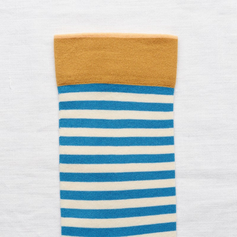 Bonne Maison Bright Blue Stripe Socks lying flat with white background closeup